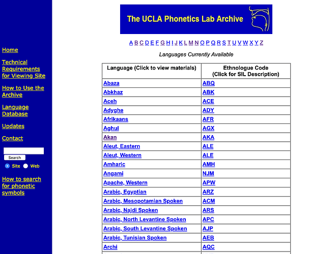 UCLA Phonetics Lab Archive, language list screenshot