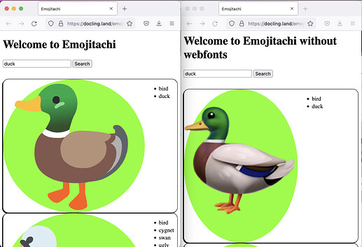 An emoji search for “duck” without and with webfonts