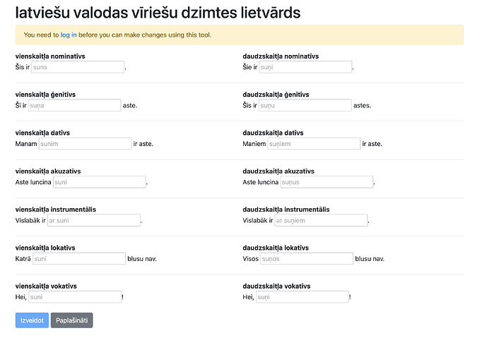 Latvian noun-editing interface